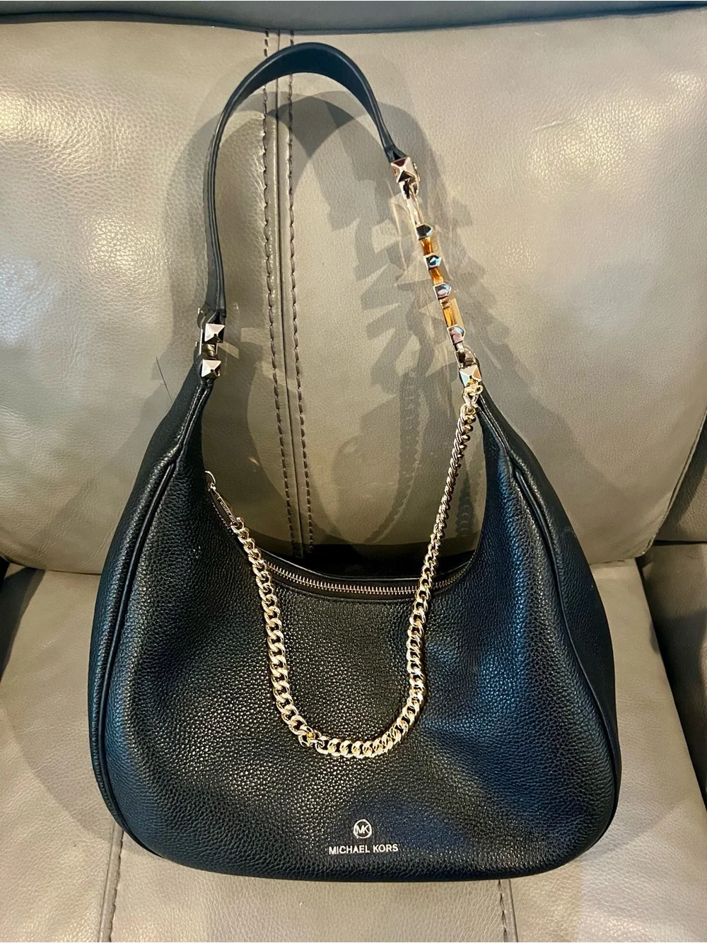 Michael Kors Black Pebbled Leather Shoulder Hobo with Gold Chain Detail